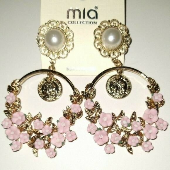 Mia Collection Gold Tone Pearl Pink Rose Dangling Coin Disc Chandelier Earrings - Picture 5 of 5